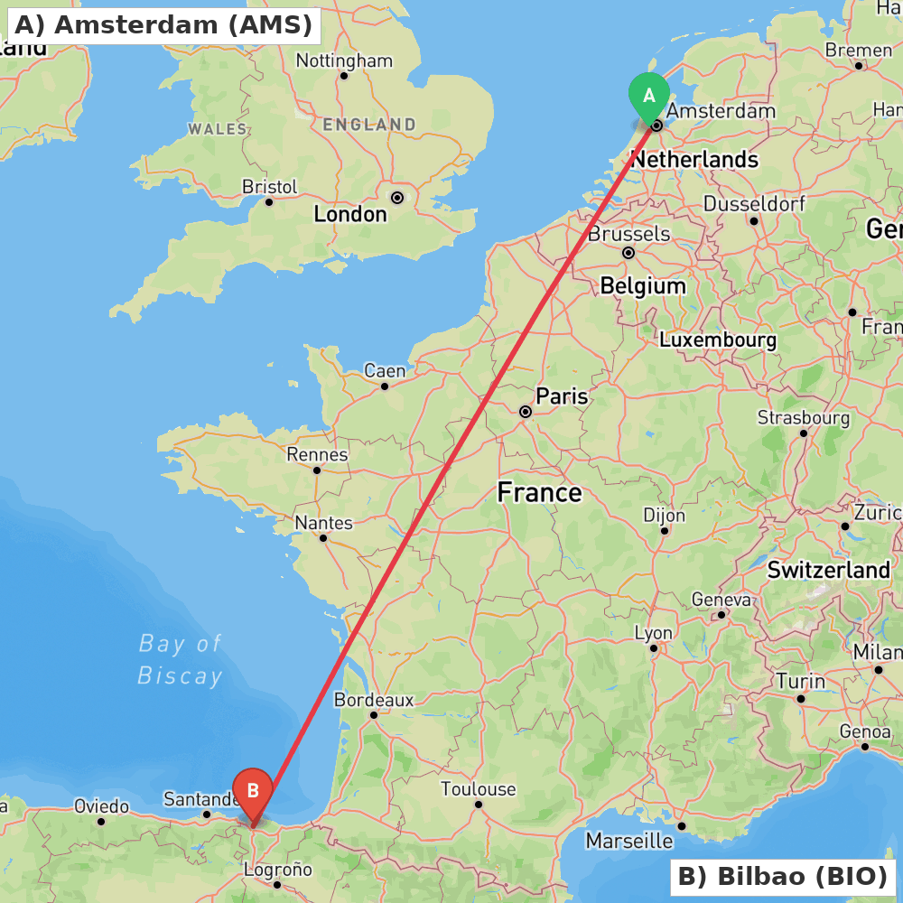 Flight route map from Amsterdam to Bilbao