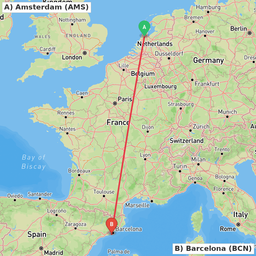 Flight route map from Amsterdam to Barcelona