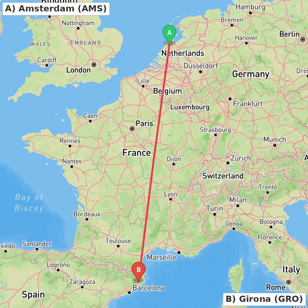 Flight route map from Amsterdam to Girona