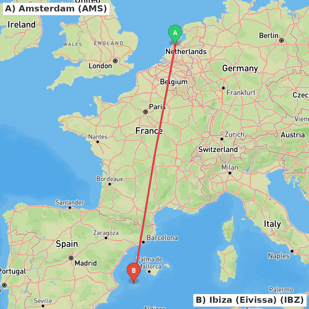 Flight route map from Amsterdam to Ibiza (Eivissa)
