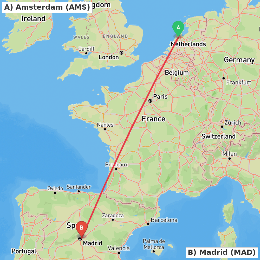 Flight route map from Amsterdam to Madrid