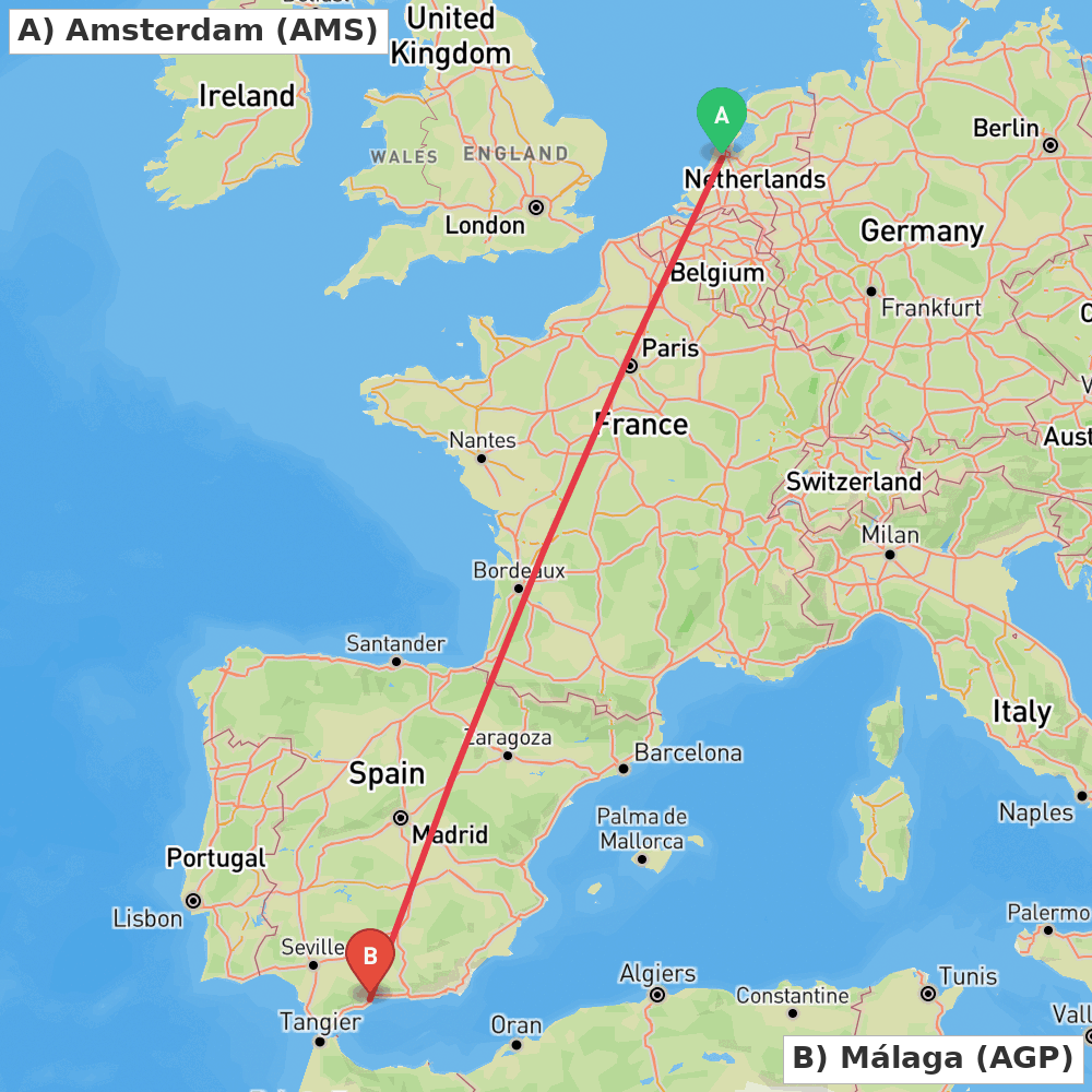 Flight route map from Amsterdam to Málaga