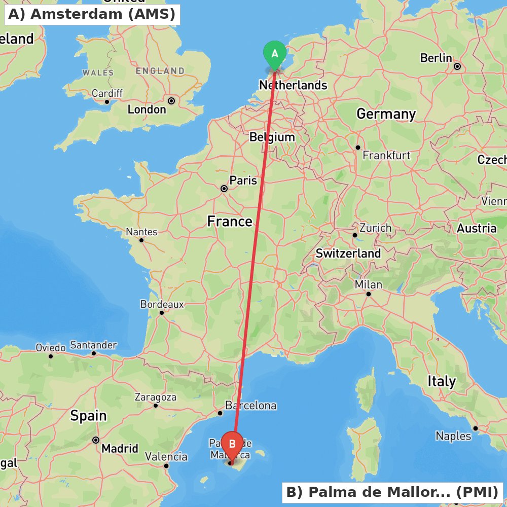 Flight route map from Amsterdam to Palma de Mallorca