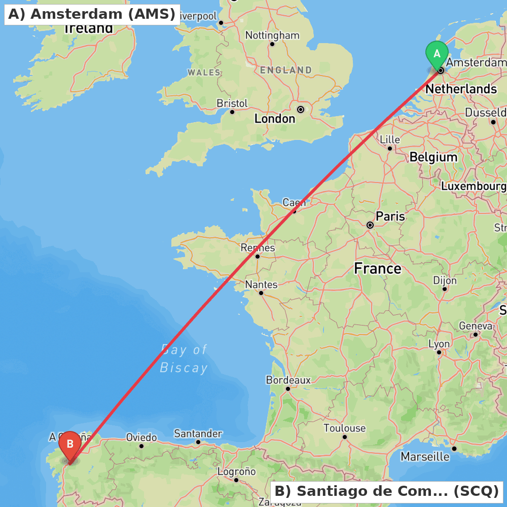 Flight route map from Amsterdam to Santiago de Compostela