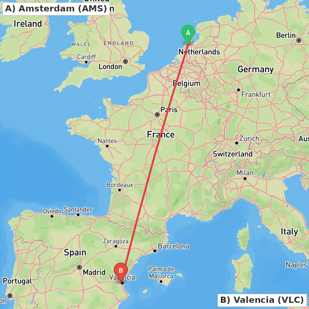 Flight route map from Amsterdam to Valencia