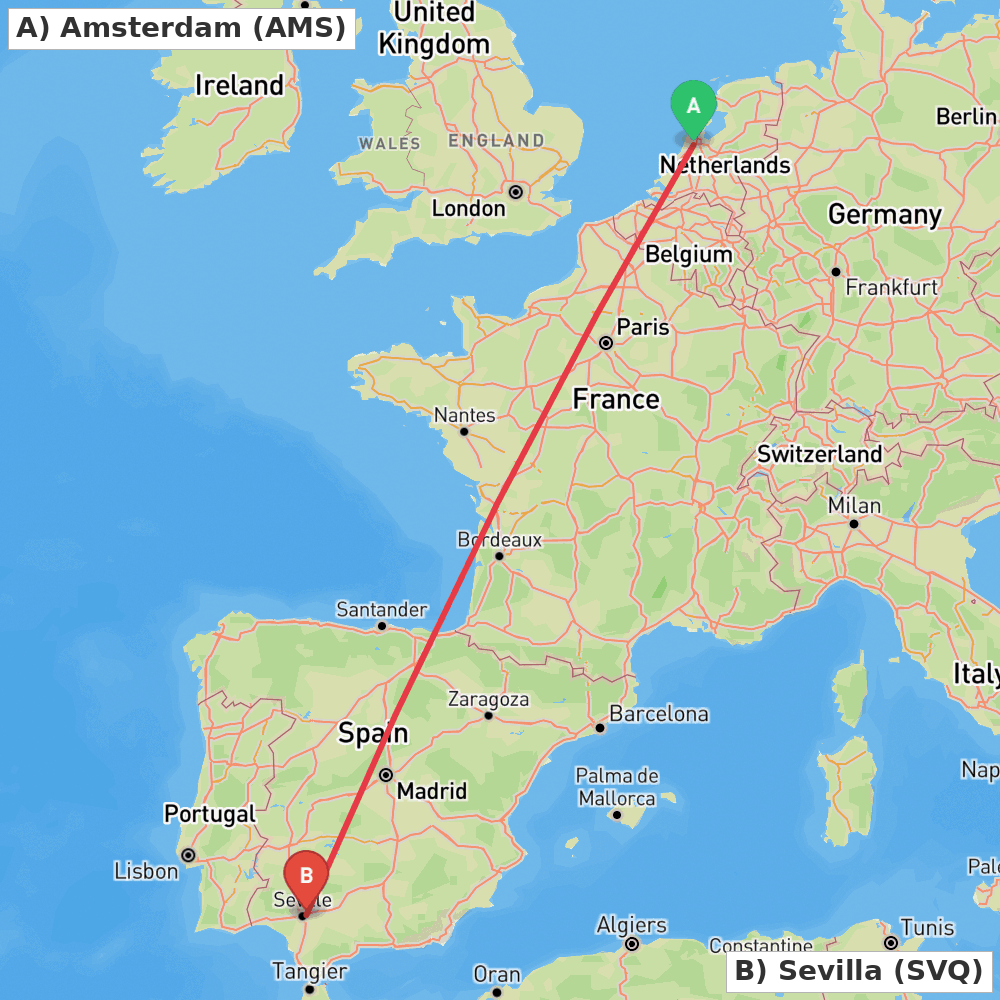 Flight route map from Amsterdam to Sevilla