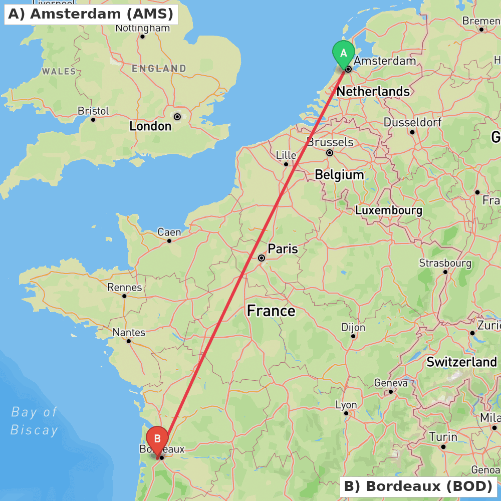 Flight route map from Amsterdam to Bordeaux
