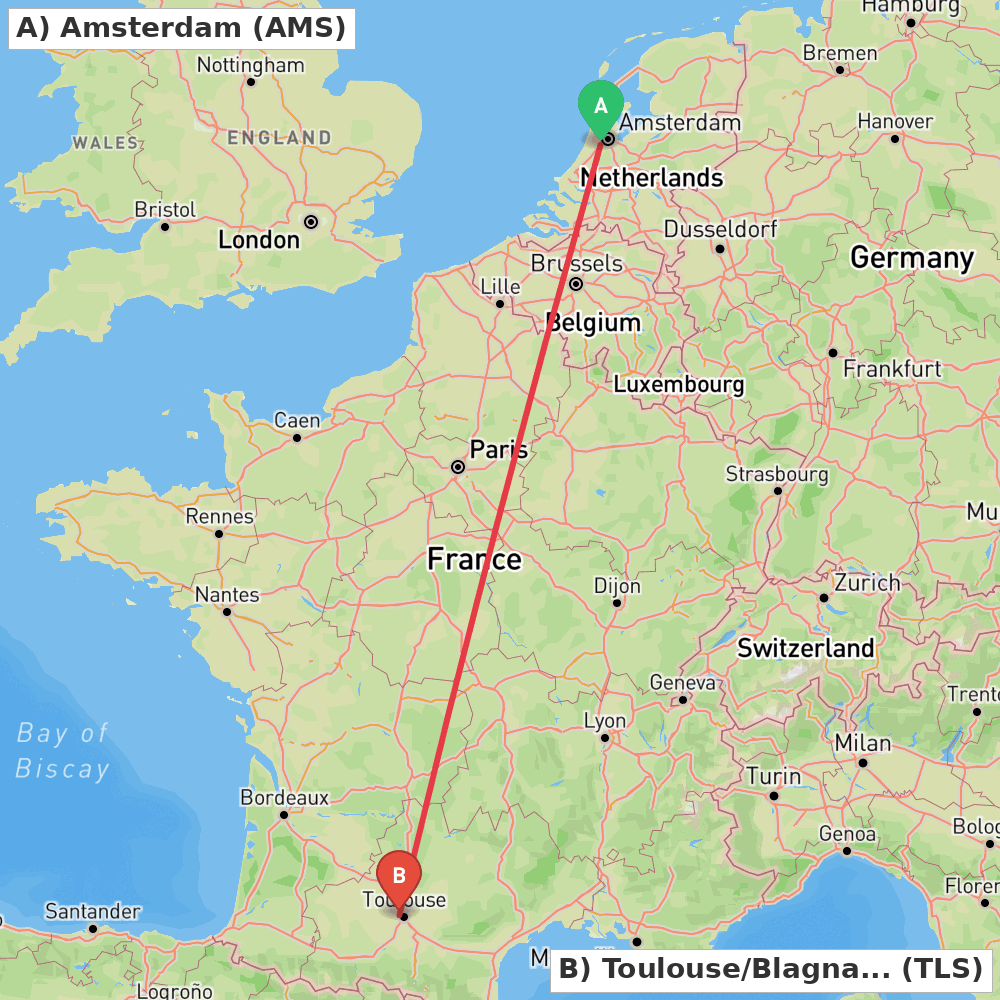 Flight route map from Amsterdam to Toulouse/Blagnac