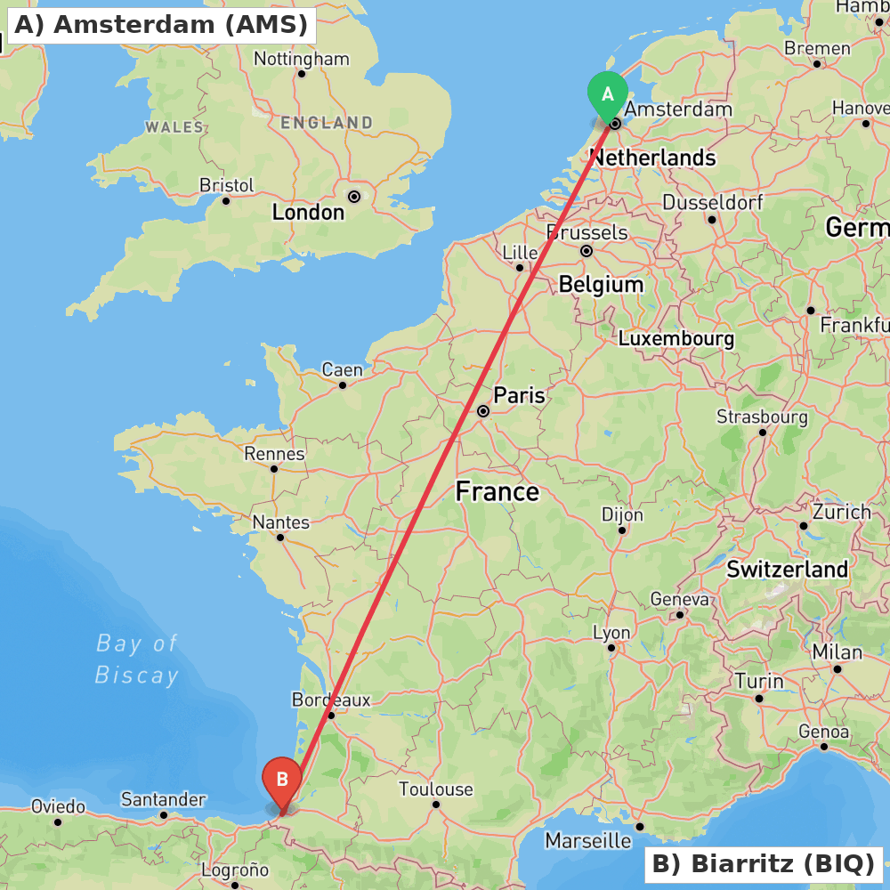 Flight route map from Amsterdam to Biarritz