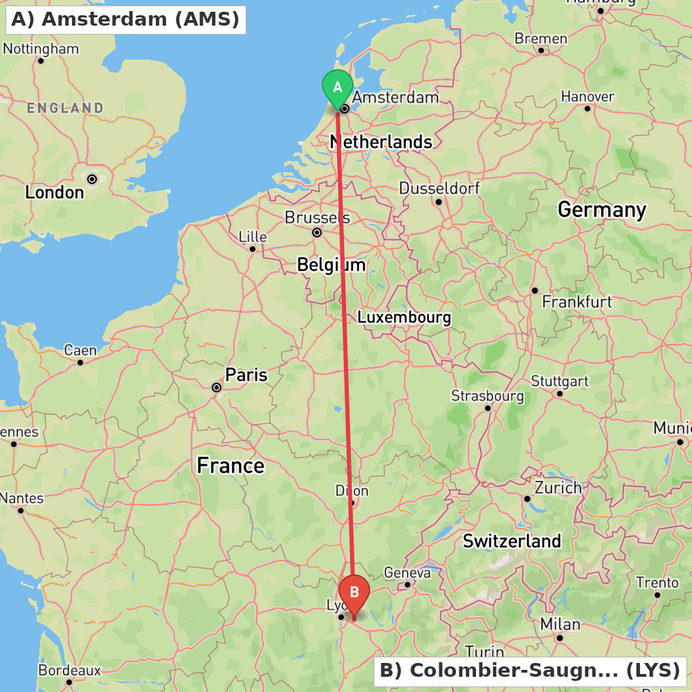 Flight route map from Amsterdam to Colombier-Saugnieu, Rhône