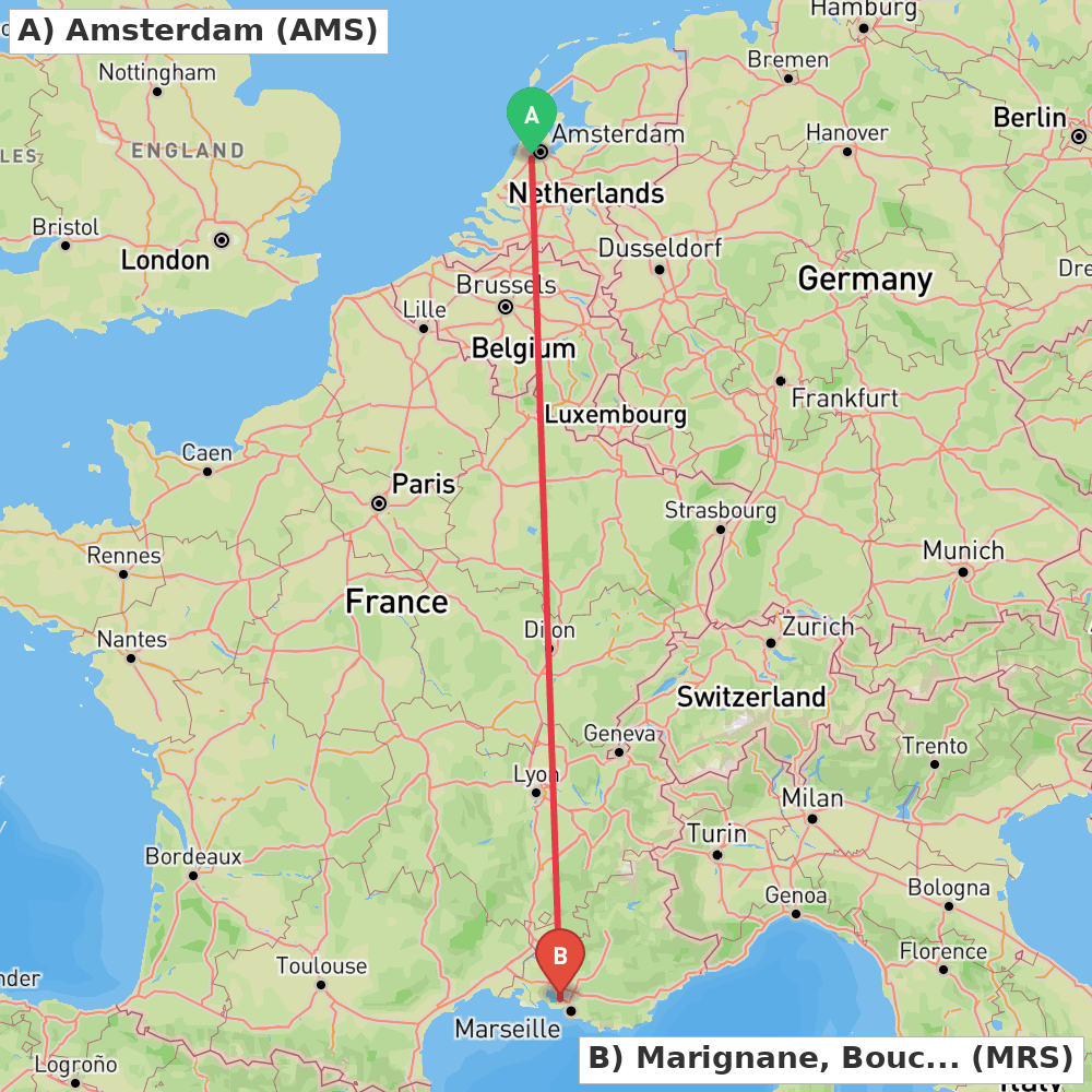 Flight route map from Amsterdam to Marignane, Bouches-du-Rhône