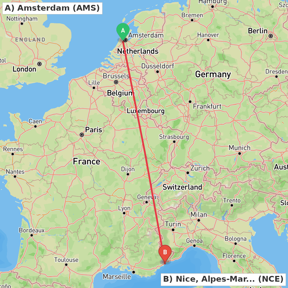 Flight route map from Amsterdam to Nice, Alpes-Maritimes