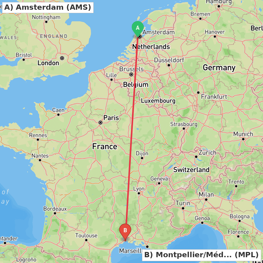 Flight route map from Amsterdam to Montpellier/Méditerranée