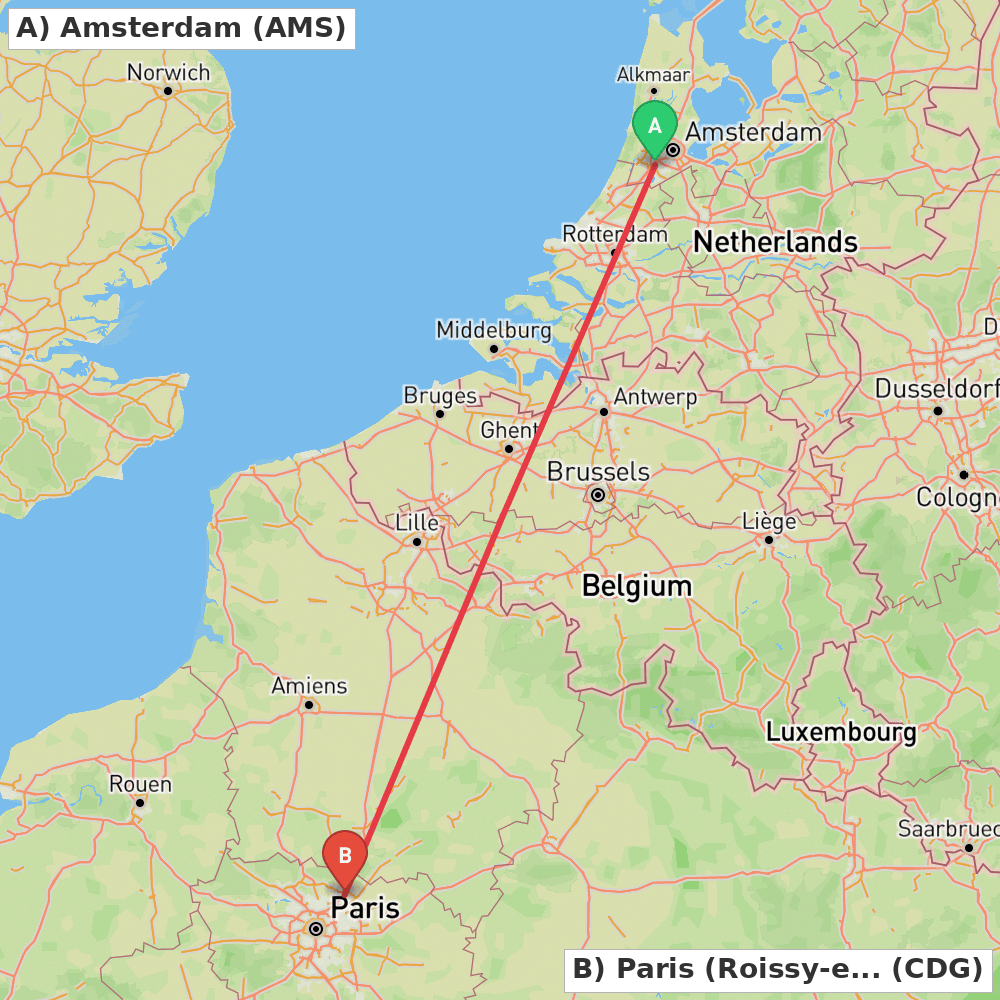 Flight route map from Amsterdam to Paris (Roissy-en-France, Val-d'Oise)