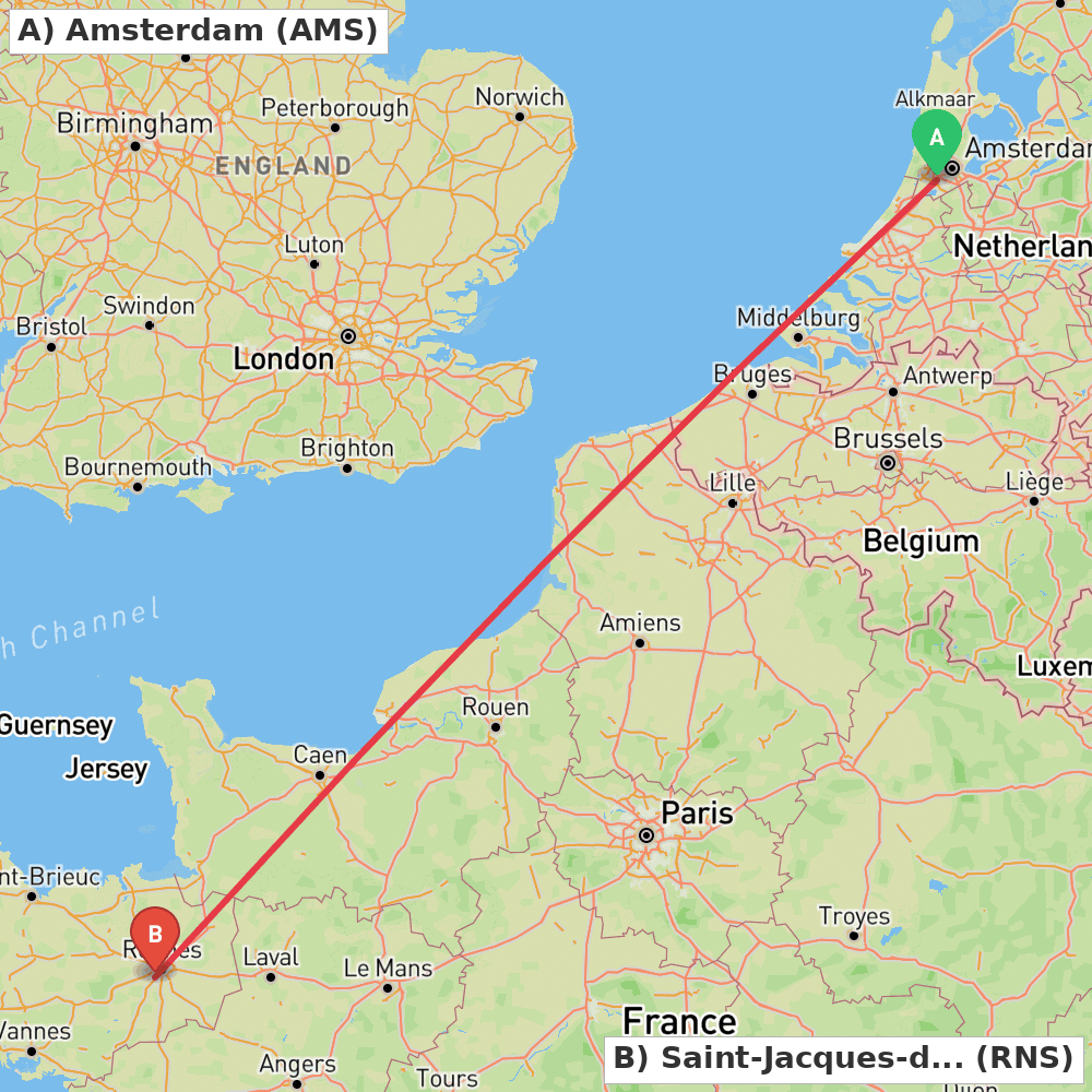 Flight route map from Amsterdam to Saint-Jacques-de-la-Lande, Ille-et-Vilaine