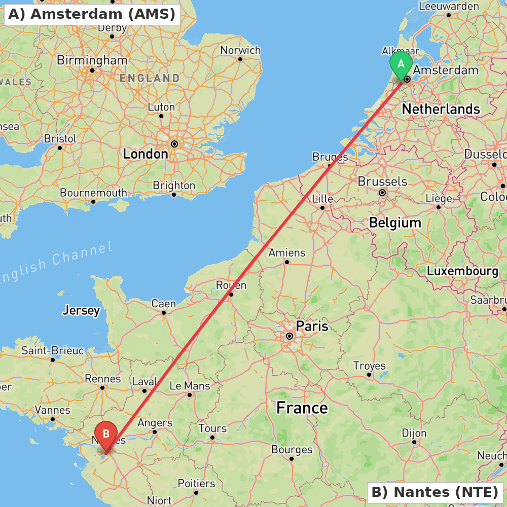 Flight route map from Amsterdam to Nantes