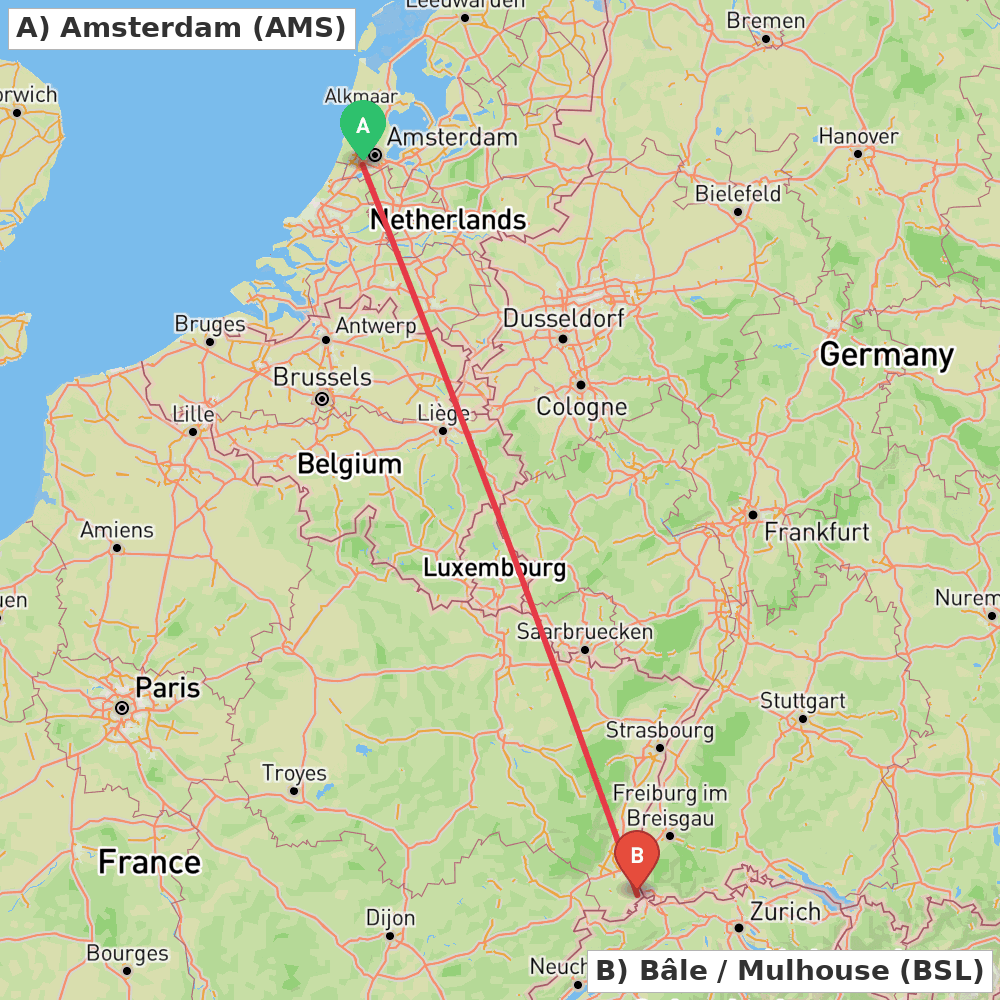 Flight route map from Amsterdam to Bâle / Mulhouse