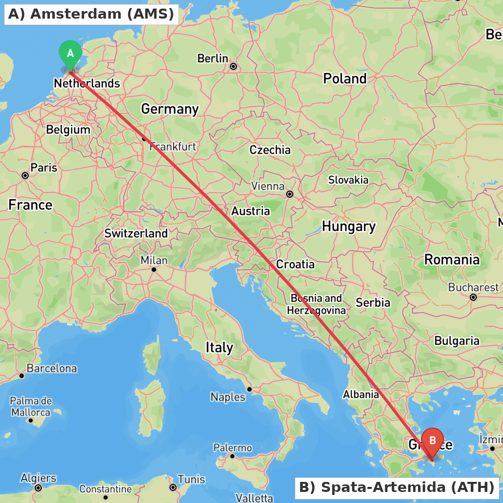 Flight route map from Amsterdam to Spata-Artemida