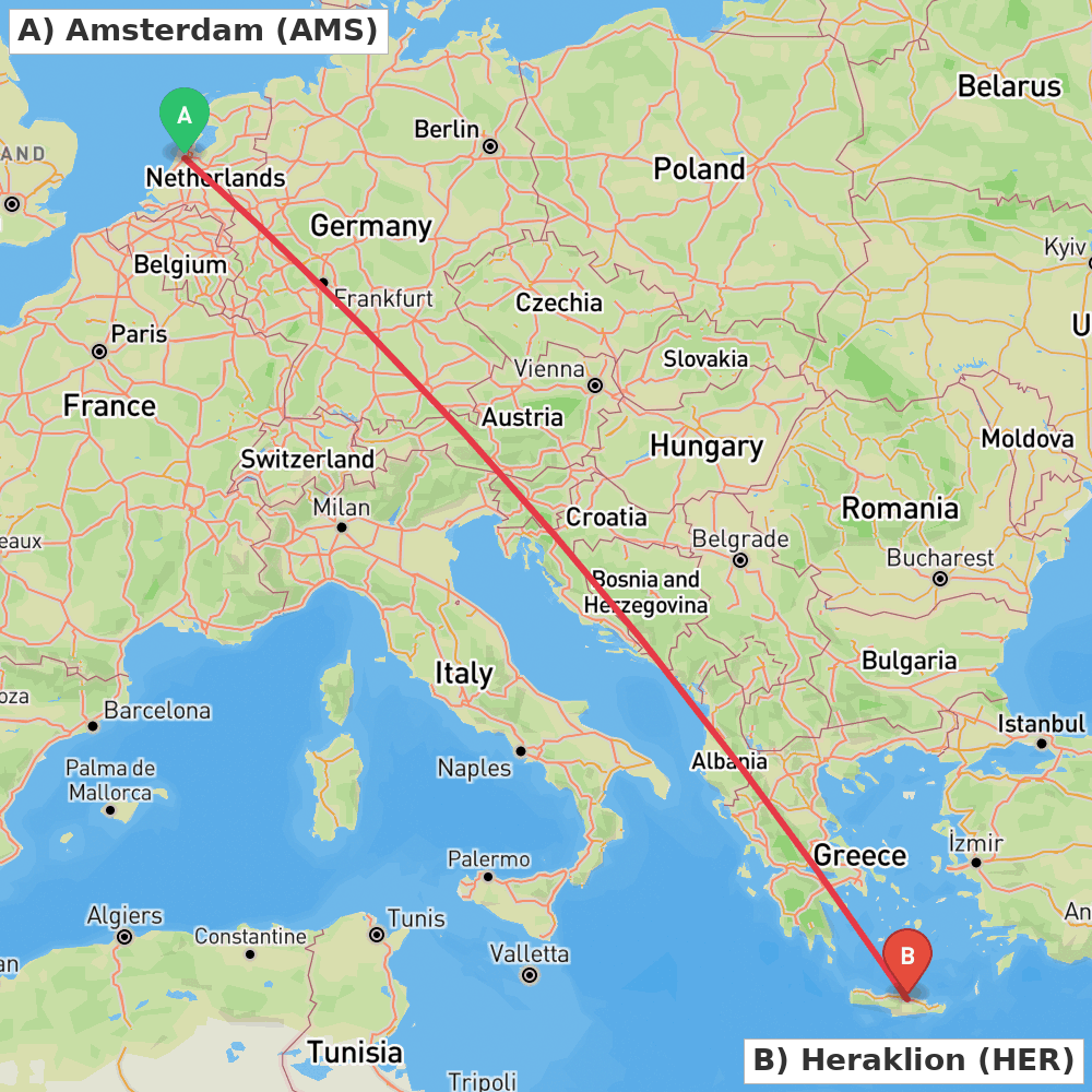Flight route map from Amsterdam to Heraklion