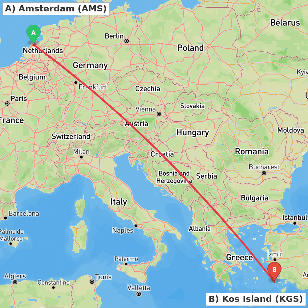 Flight route map from Amsterdam to Kos Island
