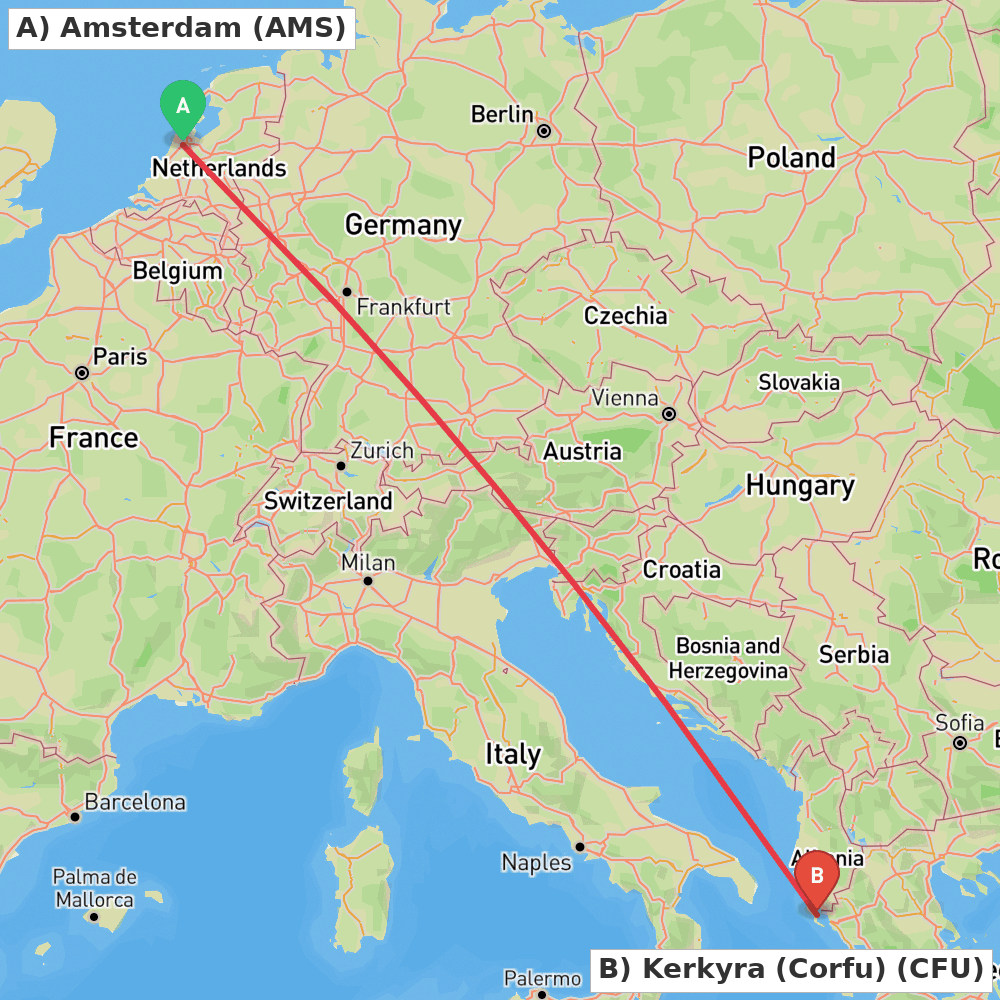 Flight route map from Amsterdam to Kerkyra (Corfu)