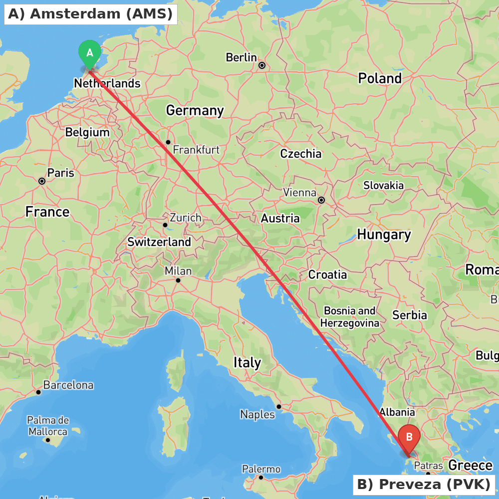 Flight route map from Amsterdam to Preveza