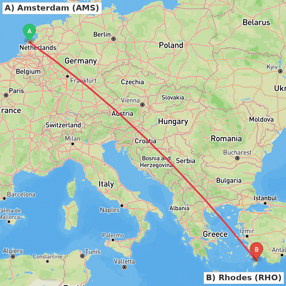 Flight route map from Amsterdam to Rhodes
