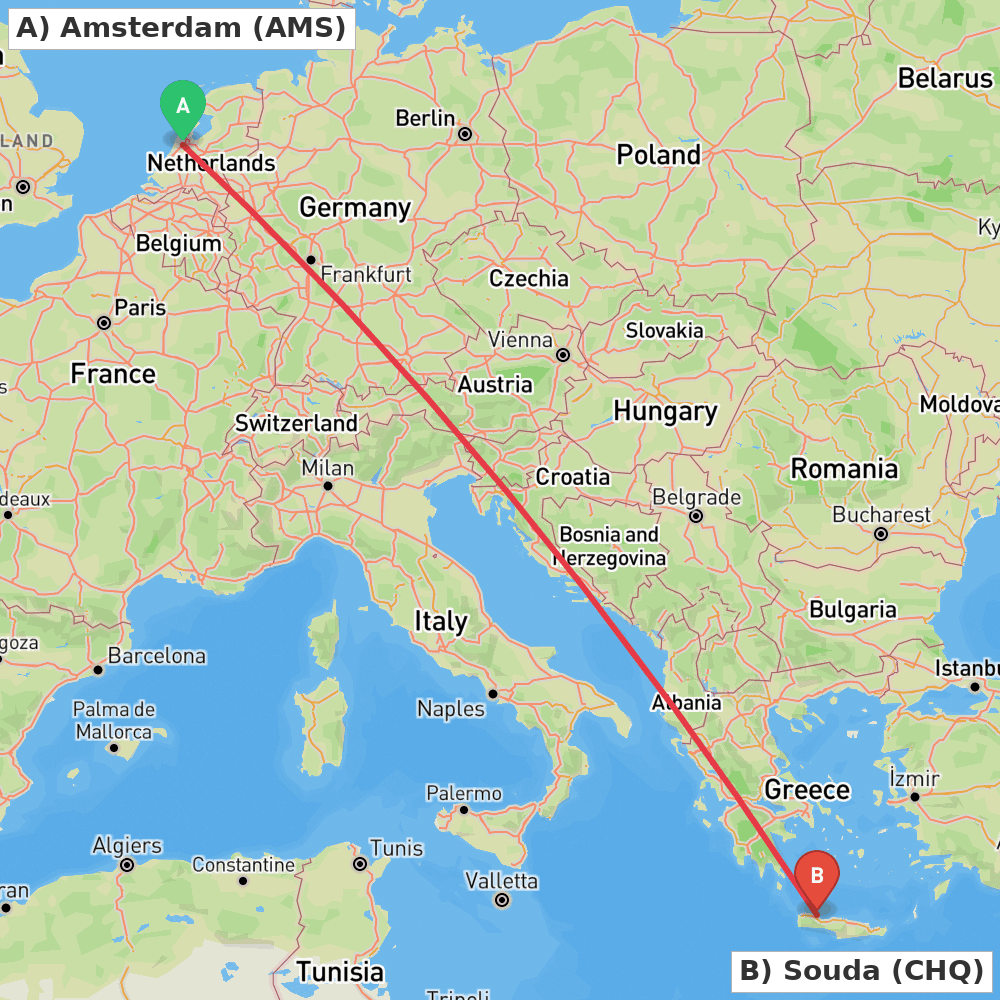 Flight route map from Amsterdam to Souda