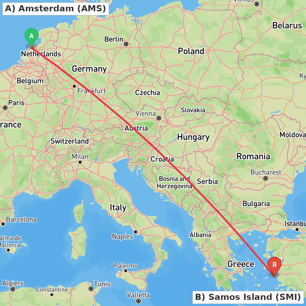 Flight route map from Amsterdam to Samos Island