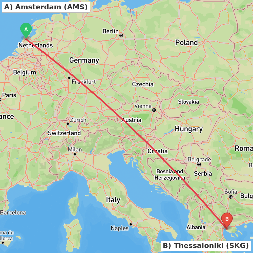 Flight route map from Amsterdam to Thessaloniki
