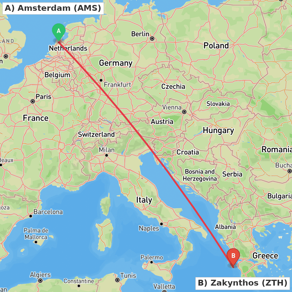 Flight route map from Amsterdam to Zakynthos