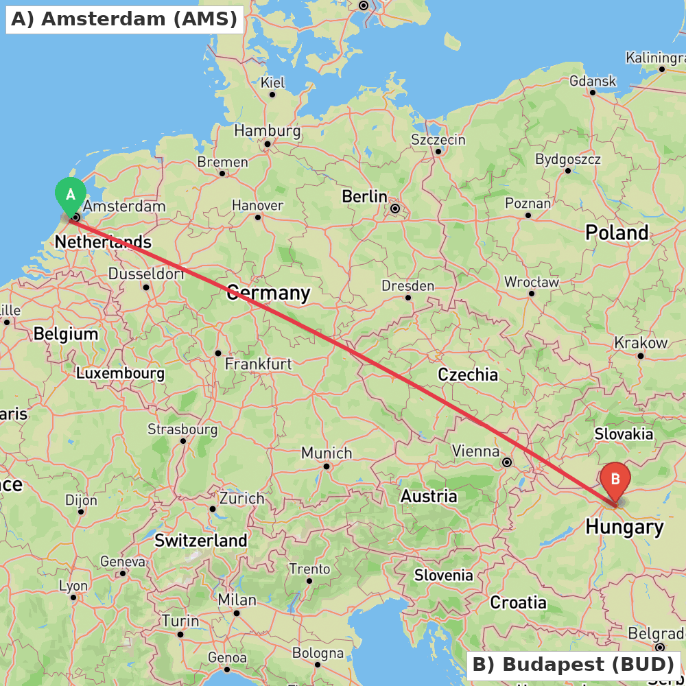 Flight route map from Amsterdam to Budapest