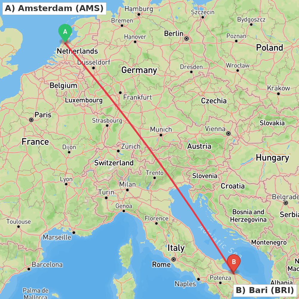 Flight route map from Amsterdam to Bari
