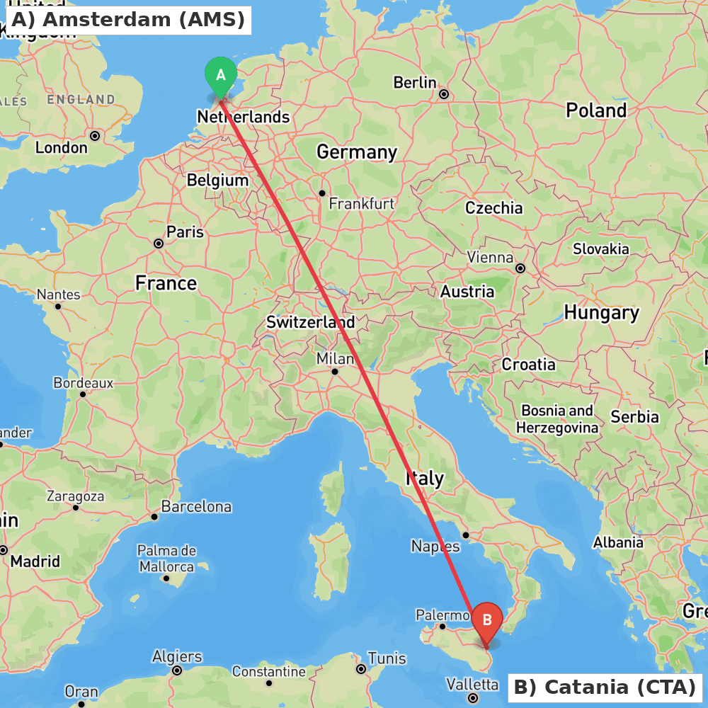 Flight route map from Amsterdam to Catania