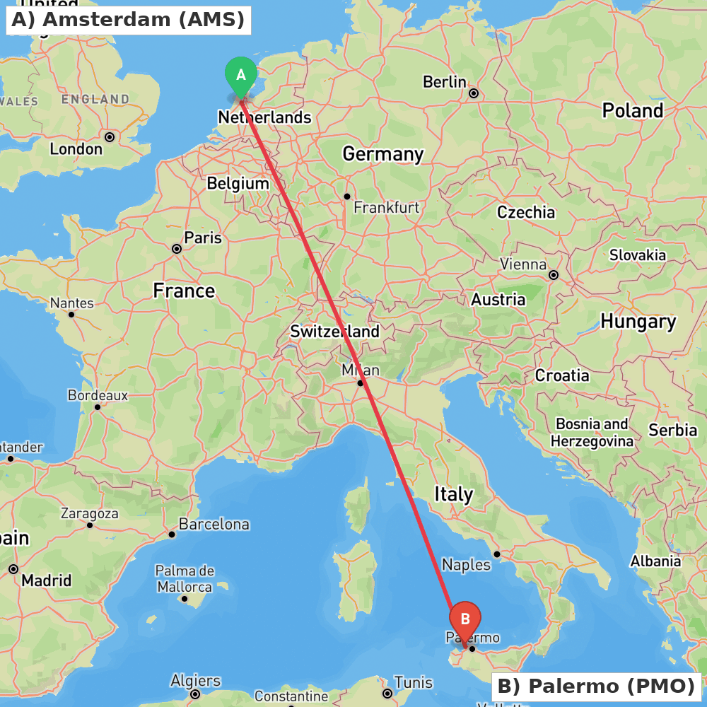 Flight route map from Amsterdam to Palermo