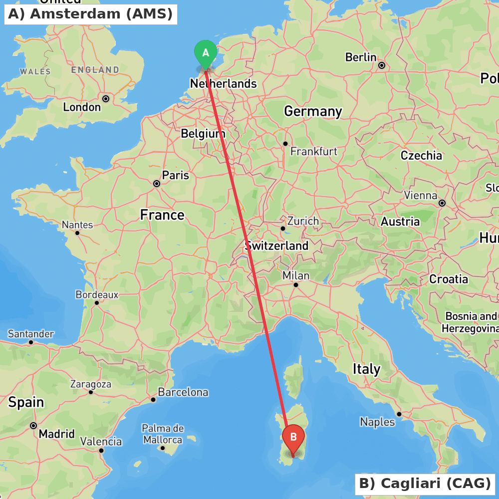 Flight route map from Amsterdam to Cagliari