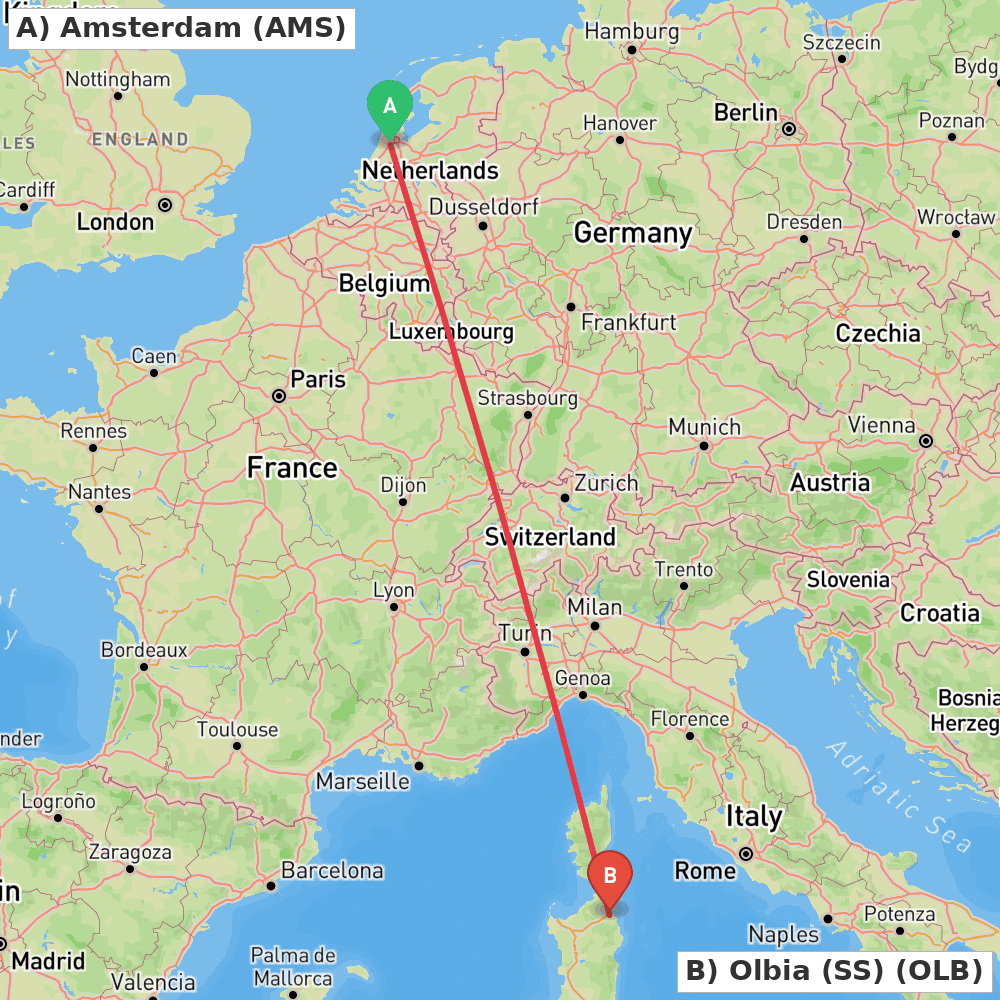 Flight route map from Amsterdam to Olbia (SS)