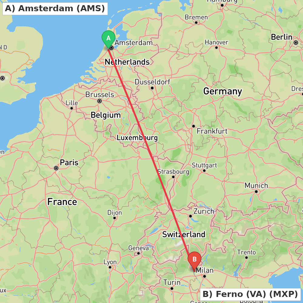 Flight route map from Amsterdam to Ferno (VA)