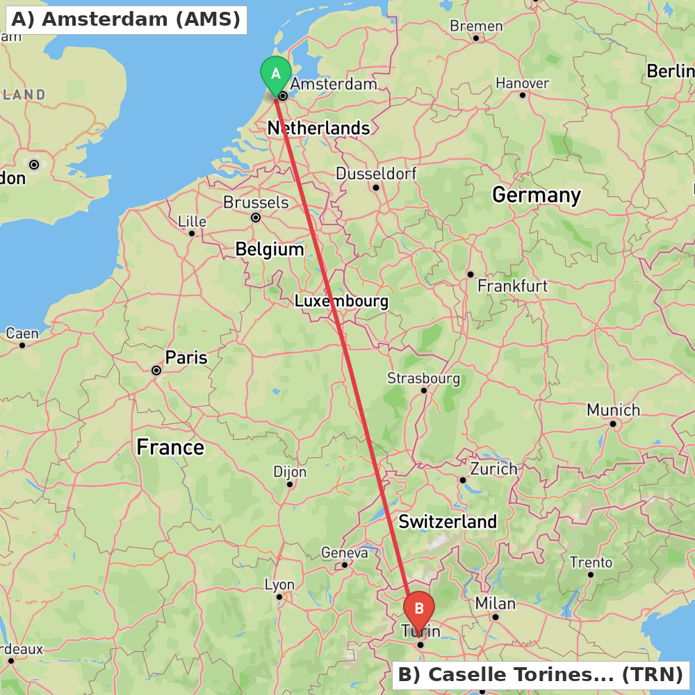 Flight route map from Amsterdam to Caselle Torinese (TO)