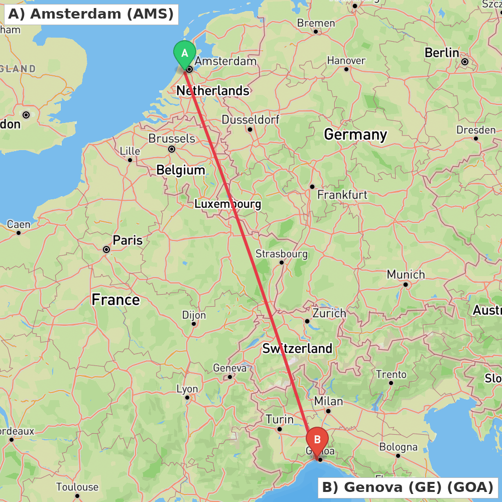 Flight route map from Amsterdam to Genova (GE)