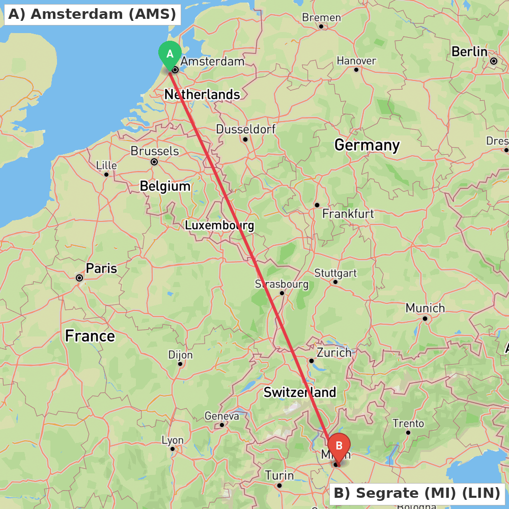 Flight route map from Amsterdam to Segrate (MI)