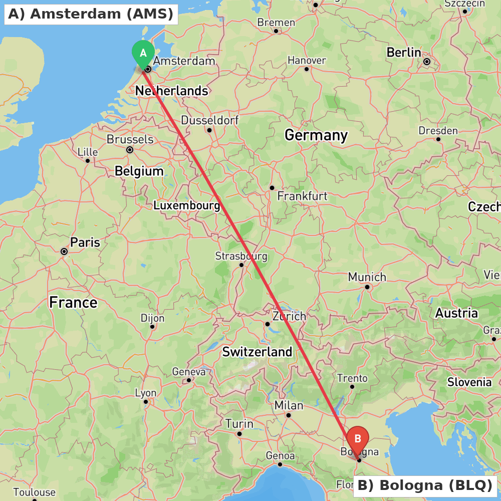 Flight route map from Amsterdam to Bologna