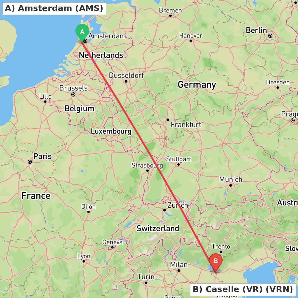 Flight route map from Amsterdam to Caselle (VR)