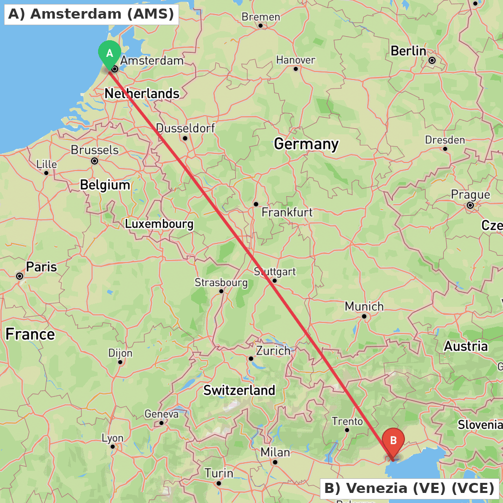 Flight route map from Amsterdam to Venezia (VE)