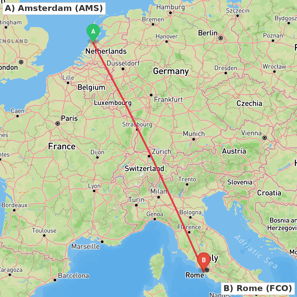 Flight route map from Amsterdam to Rome