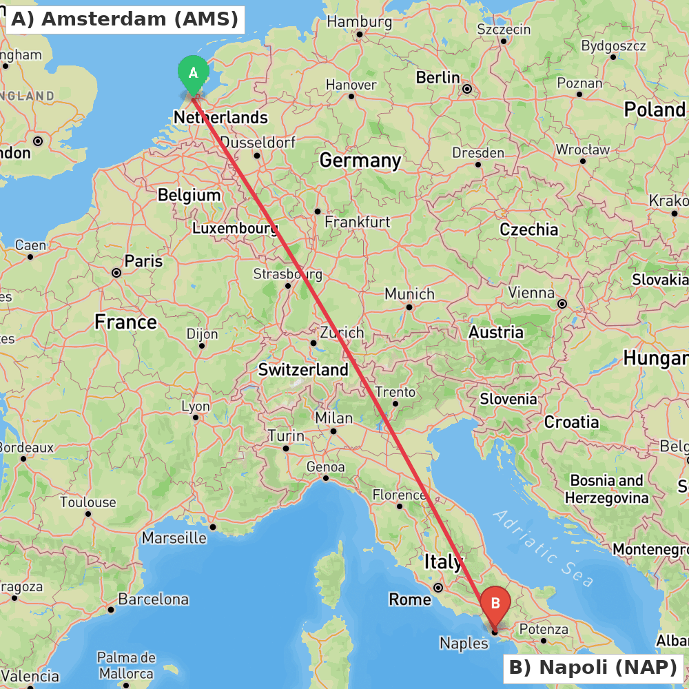 Flight route map from Amsterdam to Napoli