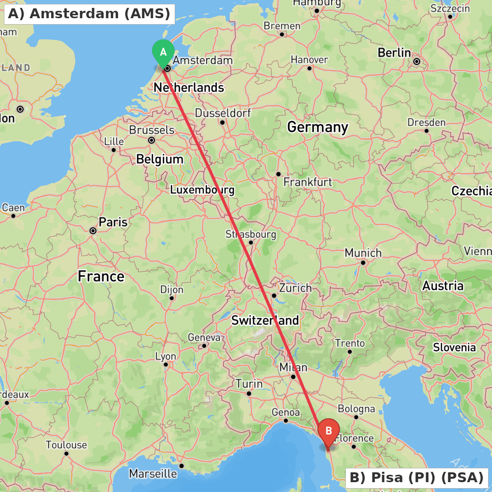 Flight route map from Amsterdam to Pisa (PI)