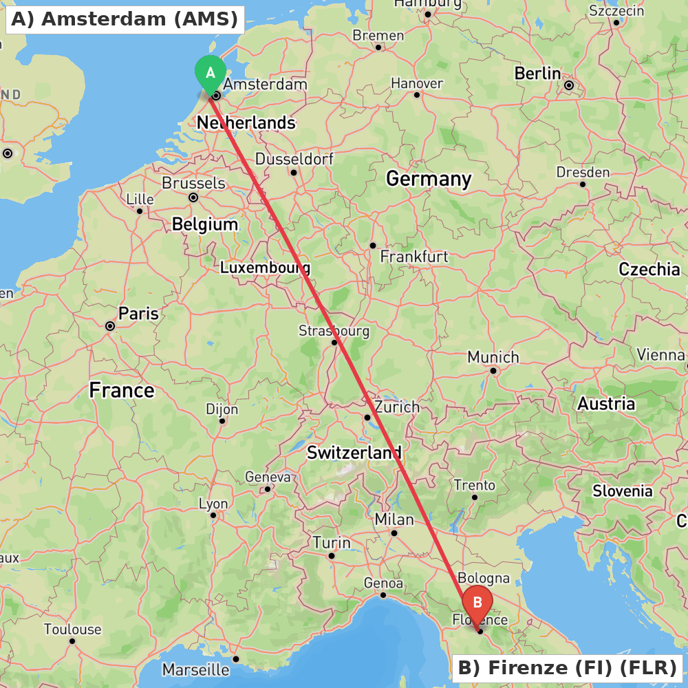 Flight route map from Amsterdam to Firenze (FI)