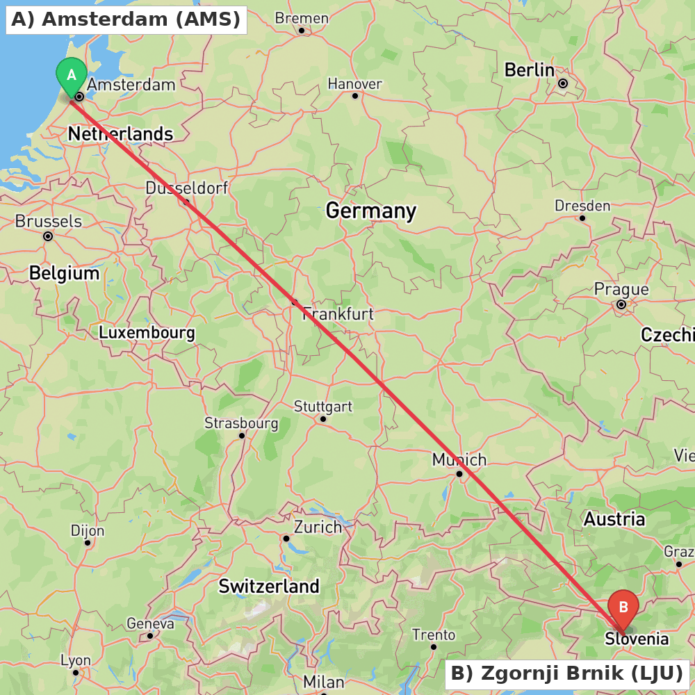 Flight route map from Amsterdam to Zgornji Brnik