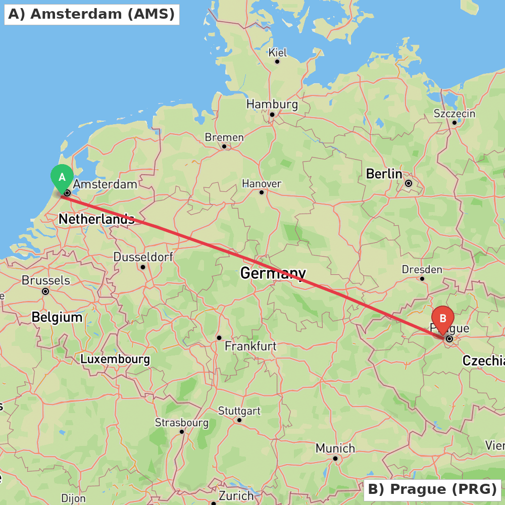 Flight route map from Amsterdam to Prague